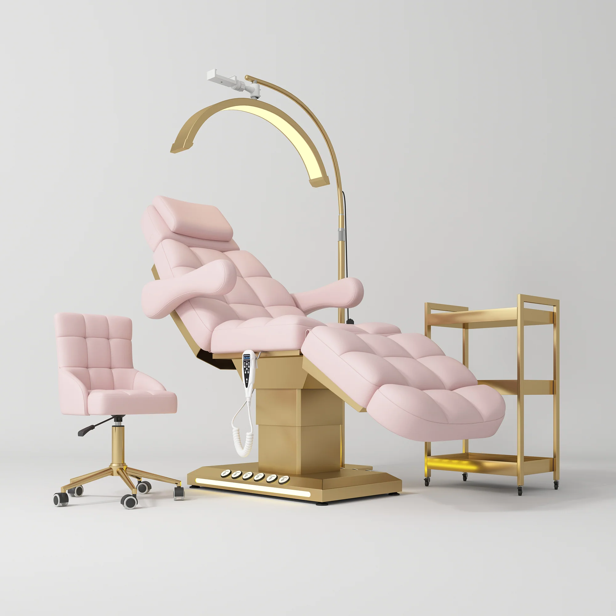 Manufakturo Orielle B Light Pink – 4-Piece Beauty Studio Set: Luxury Bed, Chair, Moonlight & Trolley