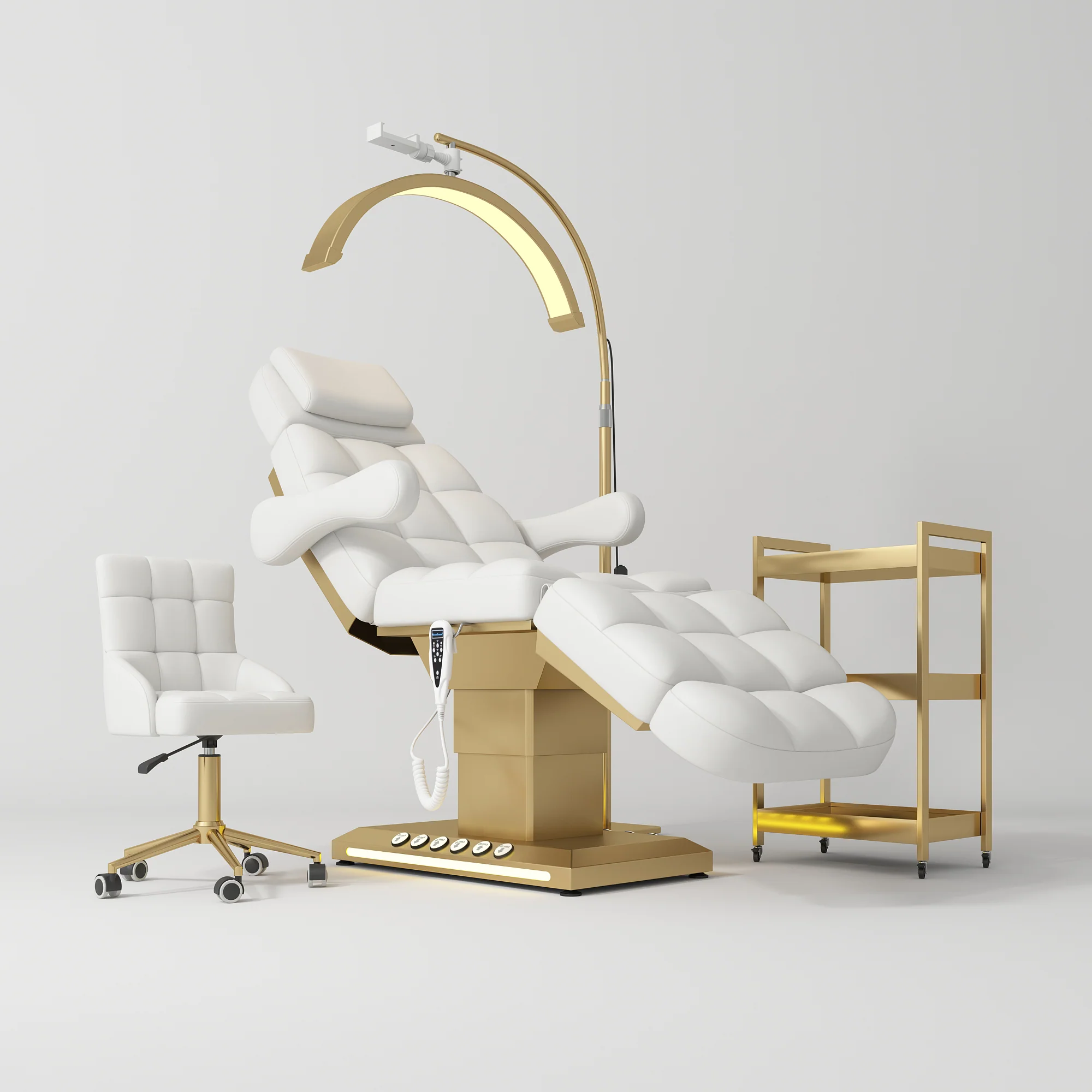 Manufakturo Orielle B White – 4-Piece Beauty Studio Set: Luxury Bed, Chair, Moonlight & Trolley