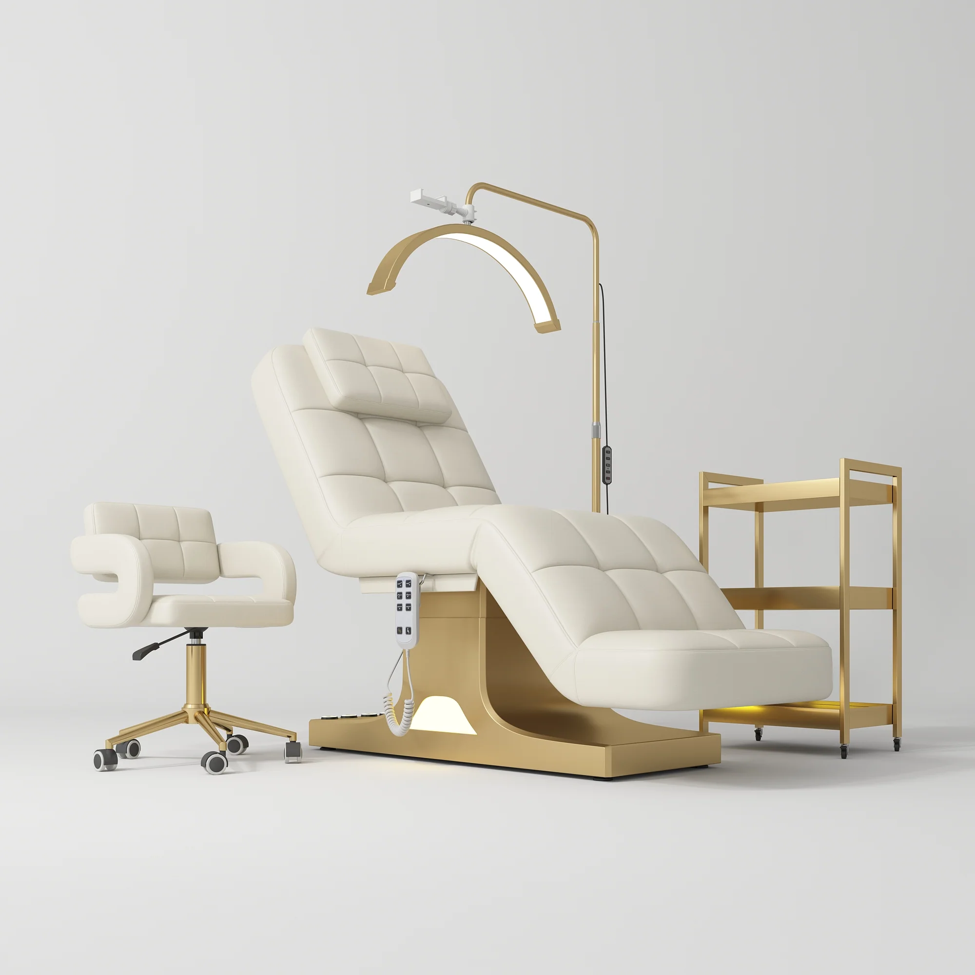 Manufakturo Saphir version A Creamy – 4-Piece Beauty Studio Set: Luxury Bed, Chair, Lamp & Trolley