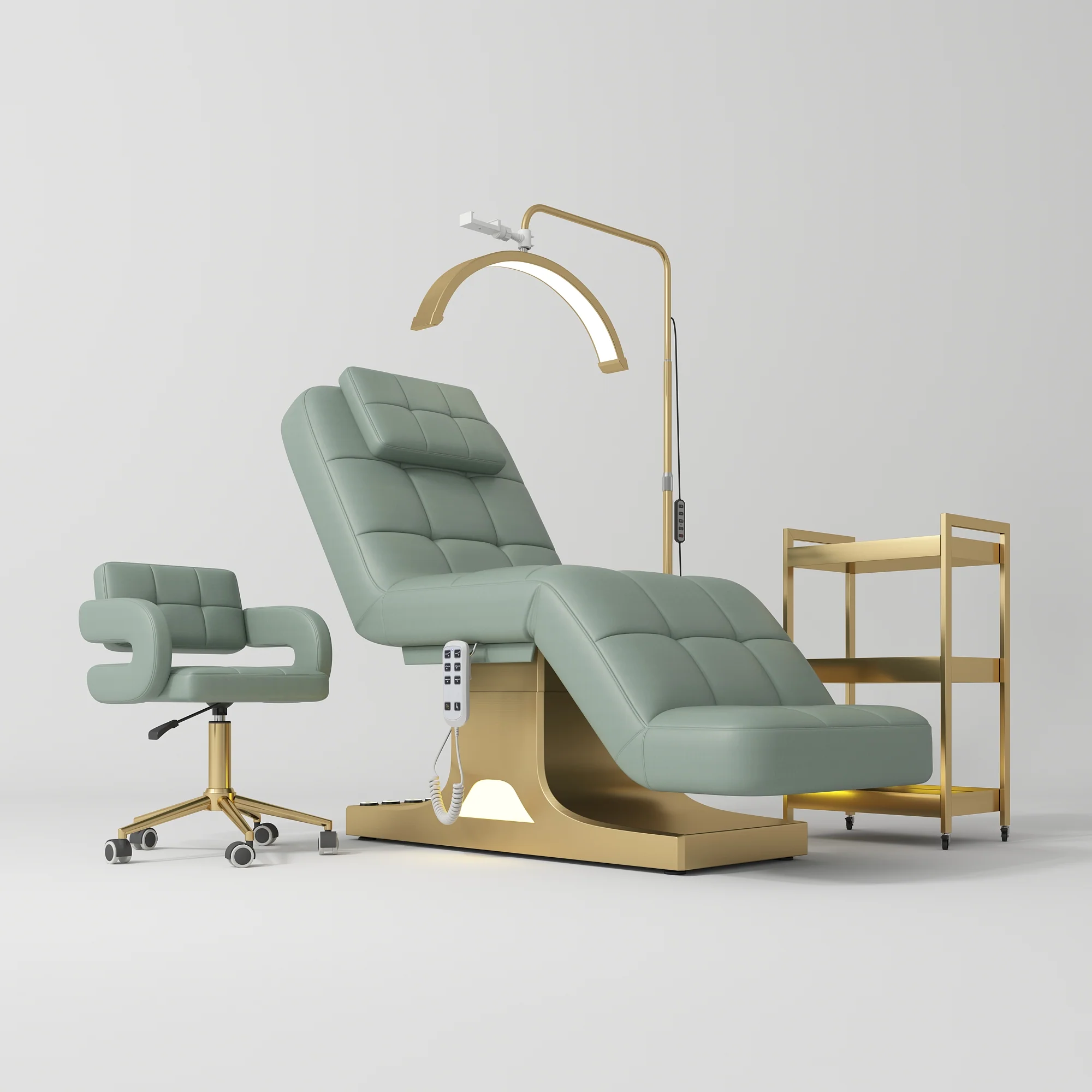 Manufakturo Saphir version A Olive – 4-Piece Beauty Studio Set: Luxury Bed, Chair, Lamp & Trolley