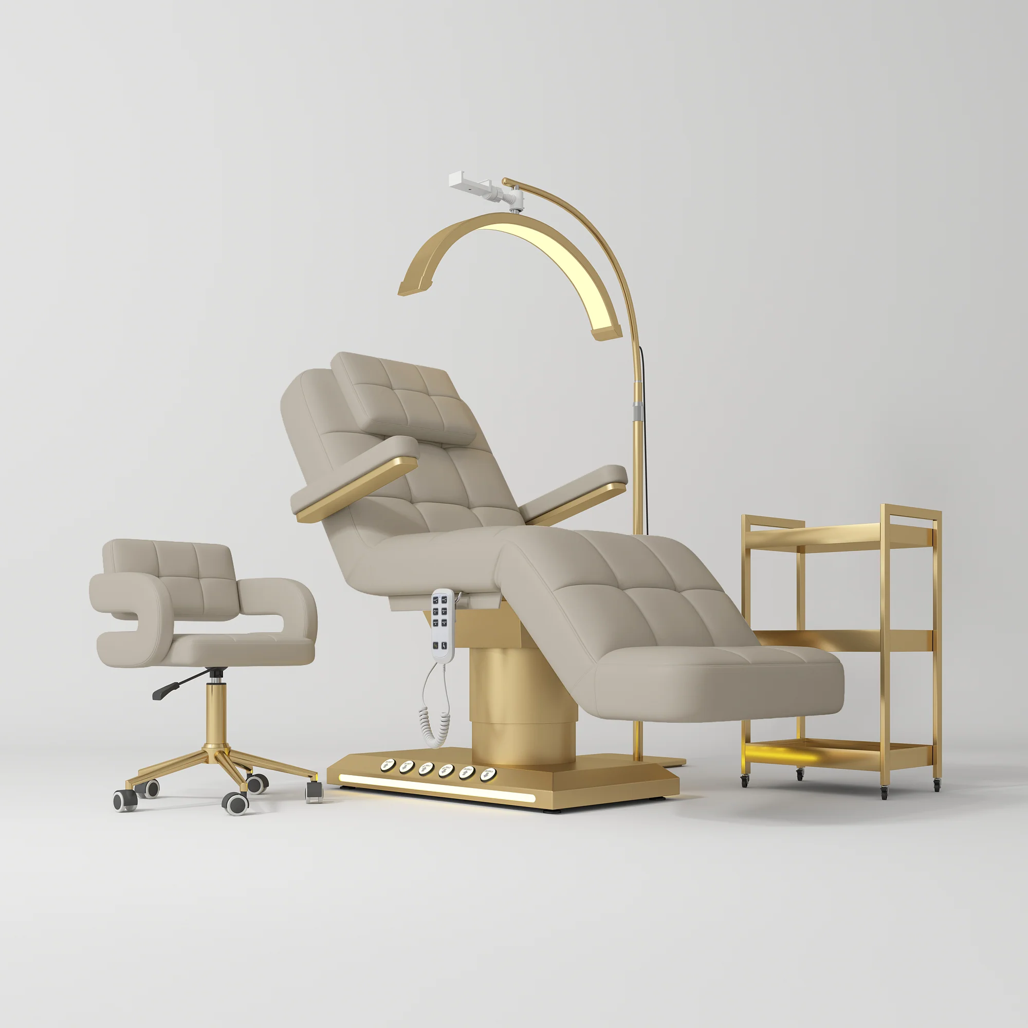 Manufakturo Saphir version B Stone Taupe – 4-Piece Beauty Studio Set: Luxury Bed, Chair, Lamp & Trolley