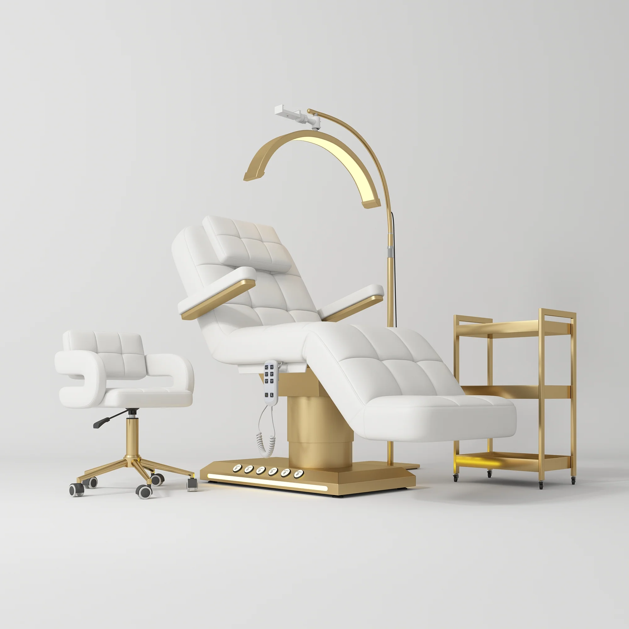 Manufakturo Saphir version B White – 4-Piece Beauty Studio Set: Luxury Bed, Chair, Lamp & Trolley